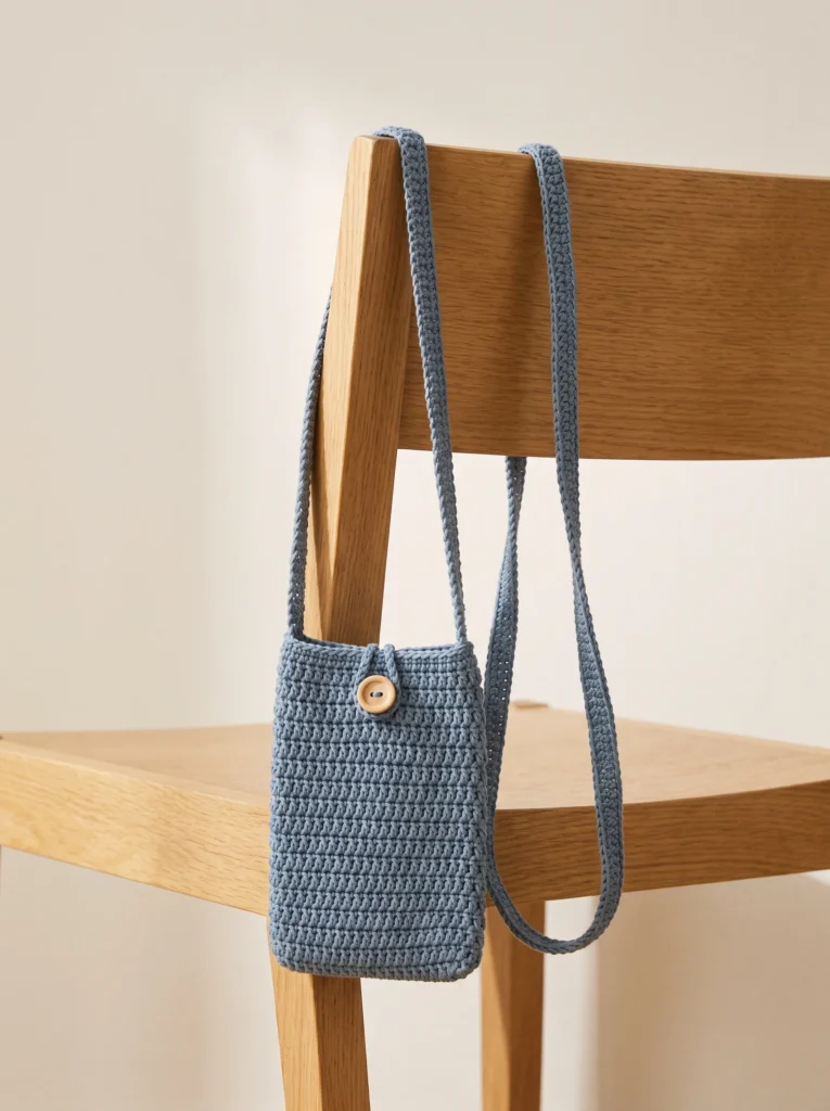 Dusty blue crochet crossbody phone bag with wooden button hanging on a wood chair