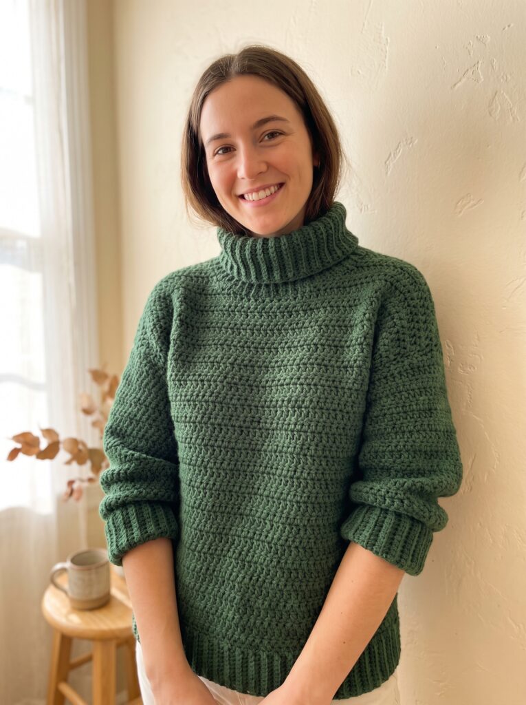 smiling woman leaning against a cream wall wearing a forest green chunky crochet turtleneck sweater