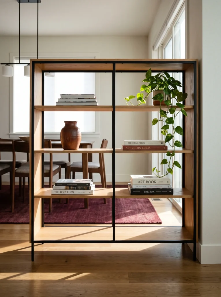 open oak and black metal shelving unit used as a room divider holding books, a rust ceramic vase, and a trailing pothos plant