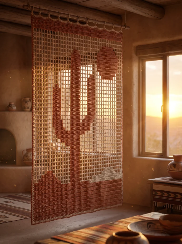 terracotta filet crochet curtain with a saguaro cactus design hanging in an adobe room at sunset