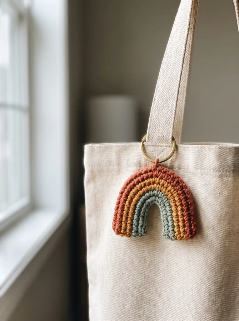 crochet rainbow keychain in rust, mustard, and sage hanging from a brass ring on a natural canvas tote bag