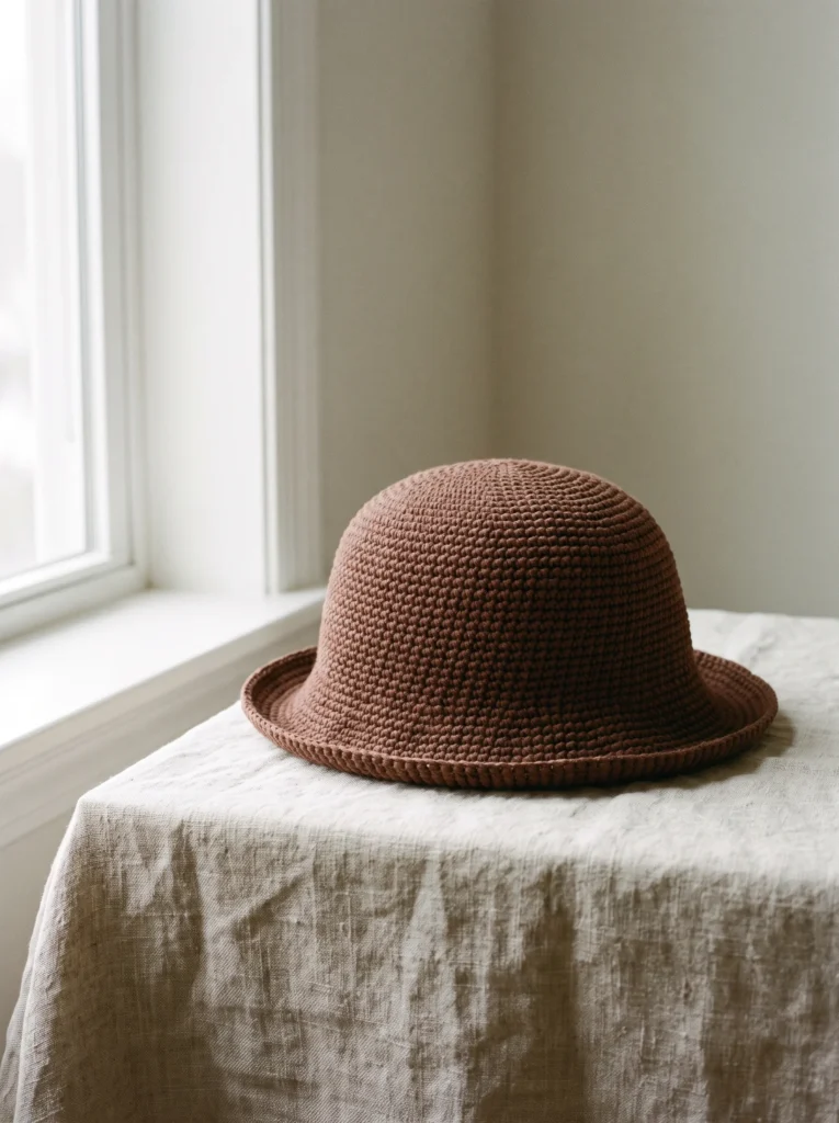 Rust colored crochet brimmed hat sitting on a linen tablecloth near a window