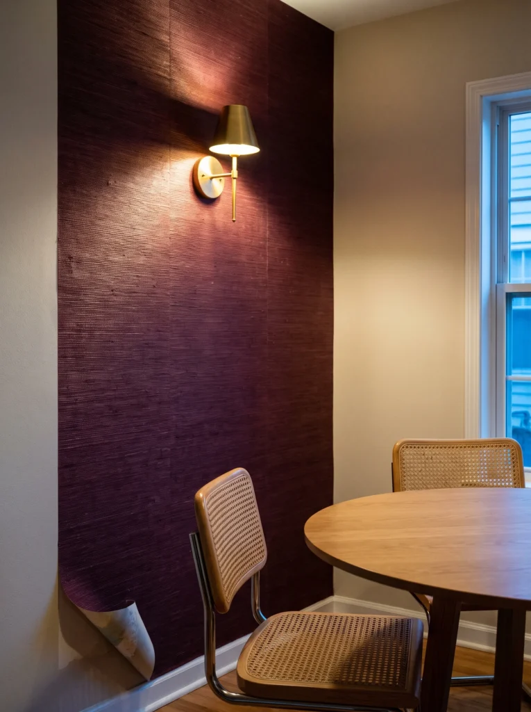burgundy grasscloth wallpaper on a small dining wall with a brass wall sconce above a cane Cesca chair and round wood table