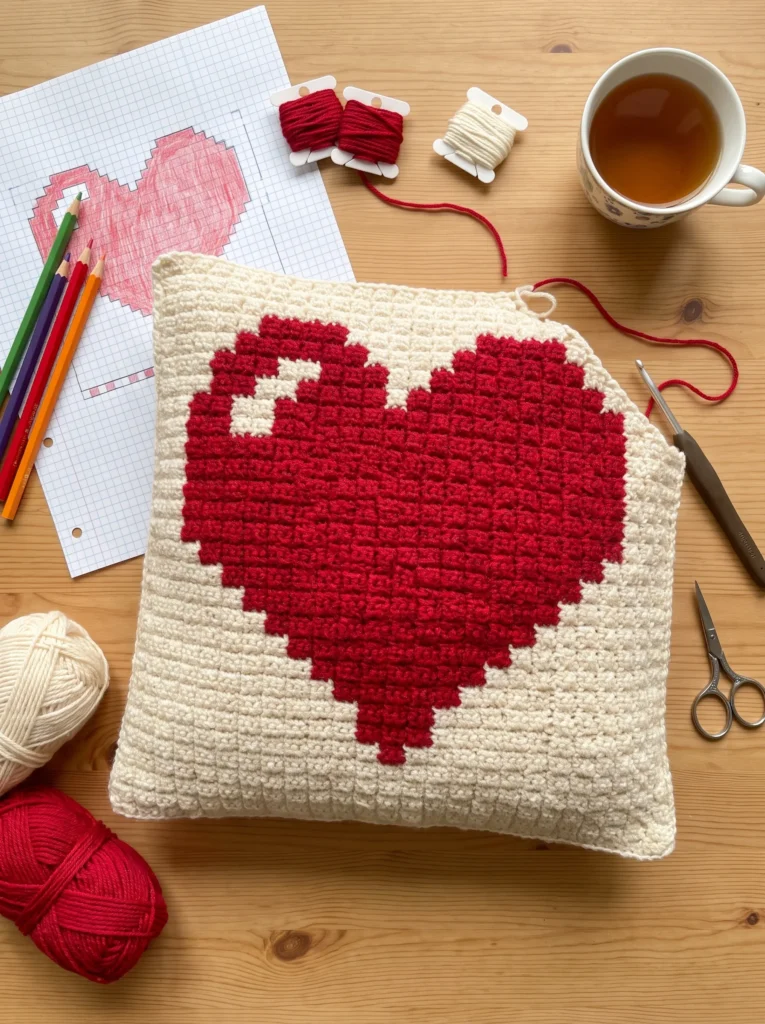 cream crochet pillow with a large red pixel heart, next to graph paper, colored pencils and yarn bobbins