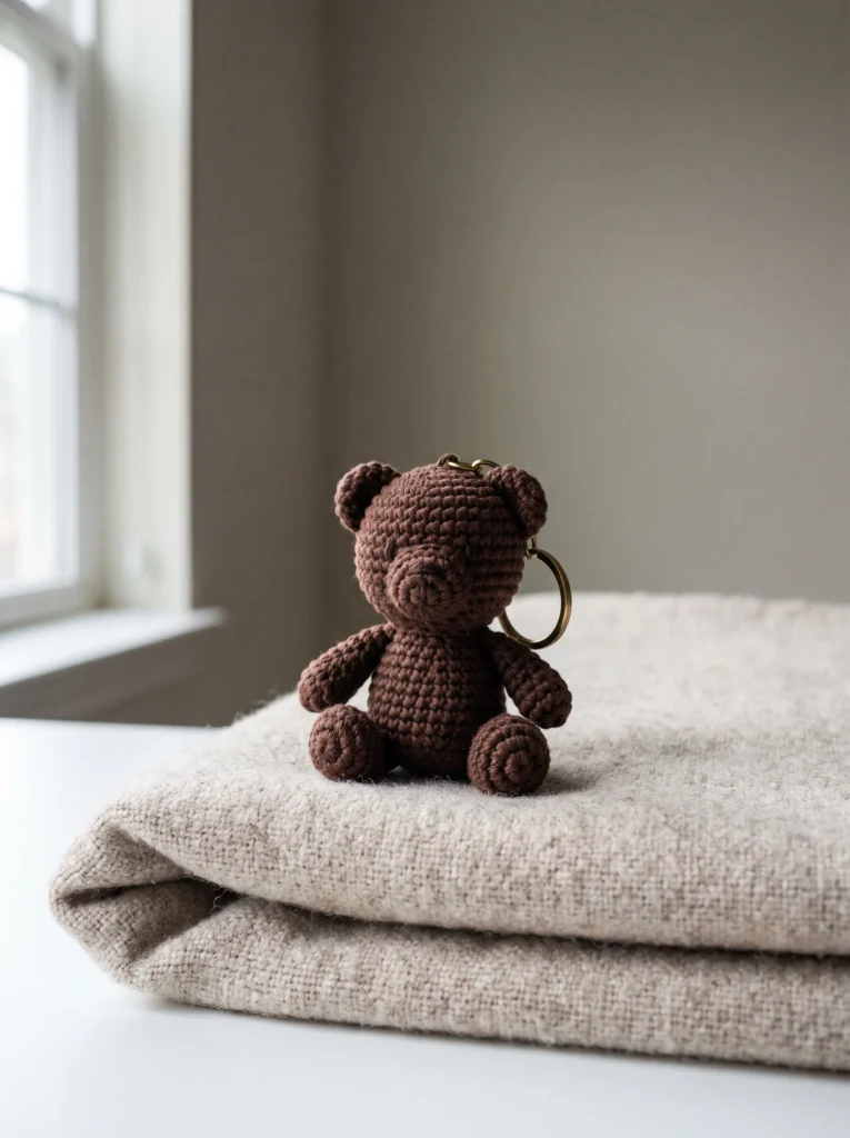 small brown crochet teddy bear keychain with round ears sitting on a stack of folded beige blankets