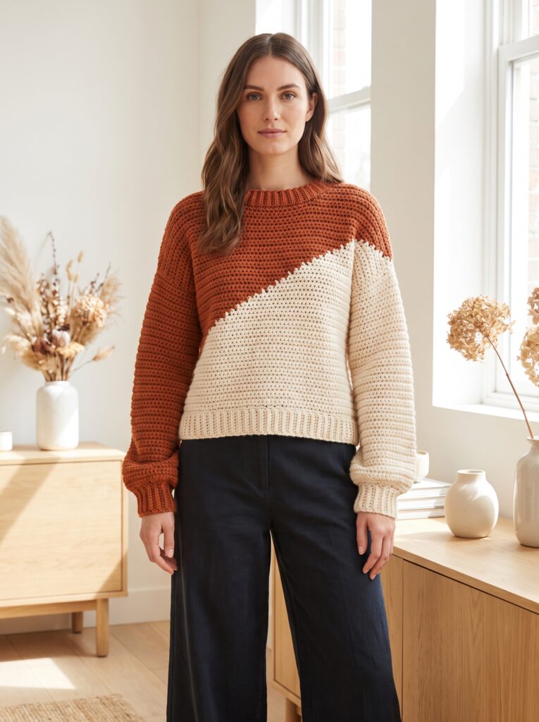 woman standing in a sunlit room wearing a rust and cream diagonal colorblock crochet sweater with black wide leg trousers