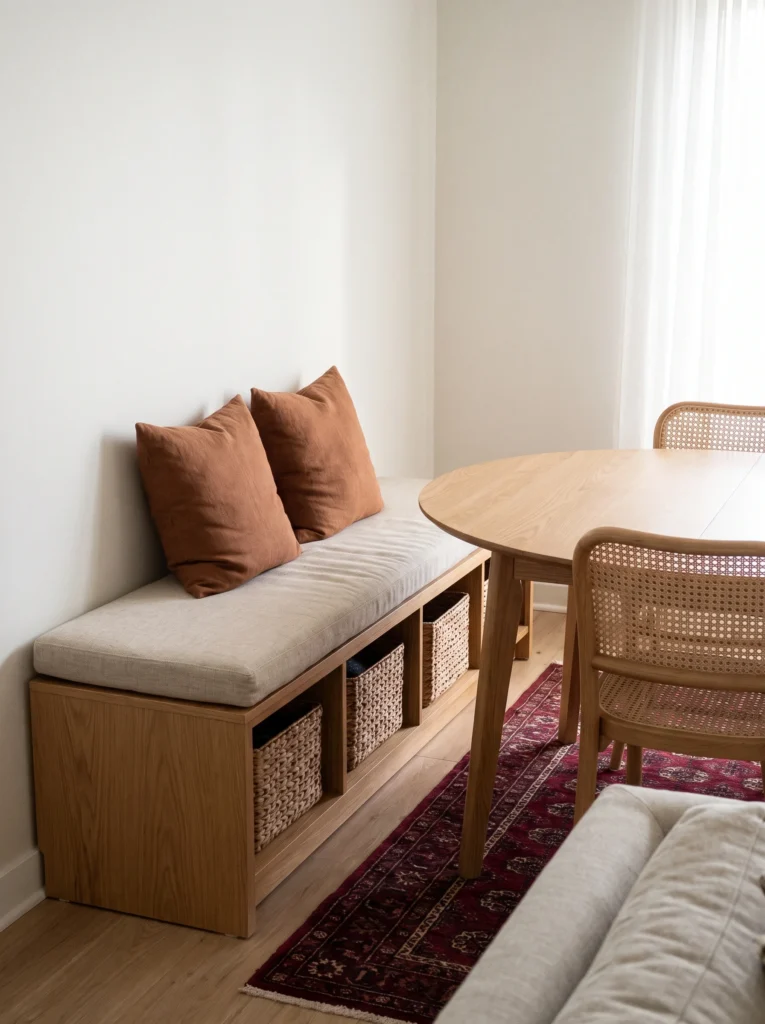 light oak storage bench with woven baskets and rust linen pillows beside an oval dining table and cane chairs on a red runner rug