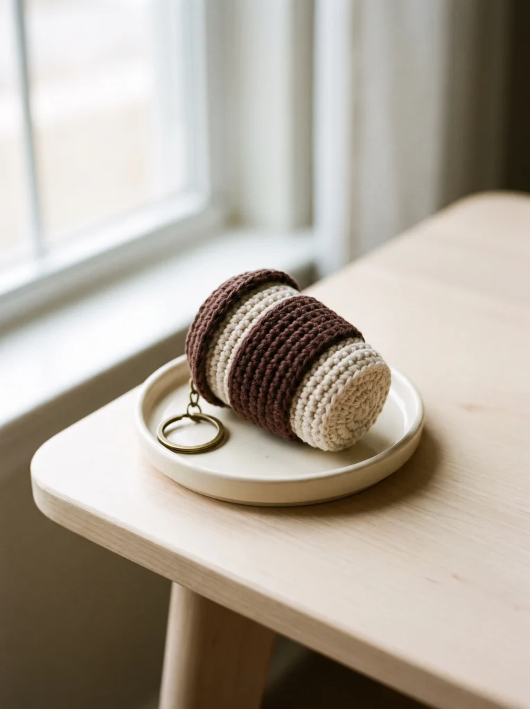 brown and cream striped crochet coffee cup keychain lying on a small white ceramic dish by a window