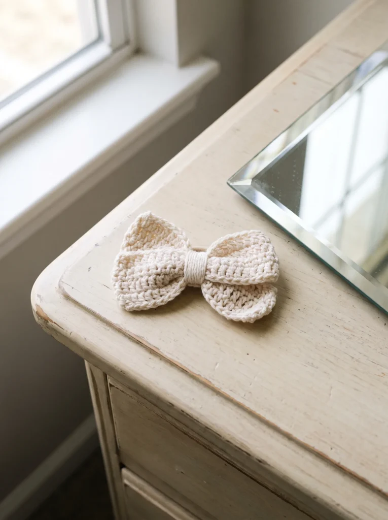 Ivory crochet hair bow sitting on the corner of a vintage dresser near a mirror