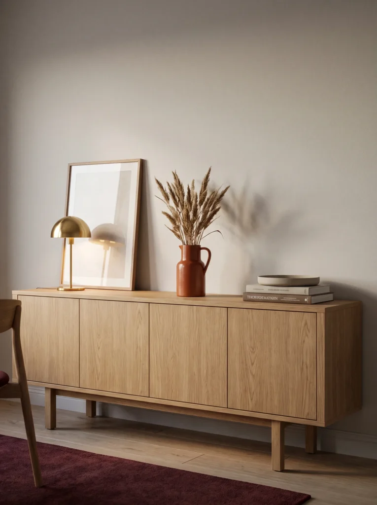 light oak four door sideboard with a brass dome lamp, a framed print, a terracotta pitcher with dried pampas, and stacked books