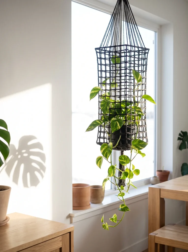 black and grey crochet mesh plant hanger holding a pothos in a bright window
