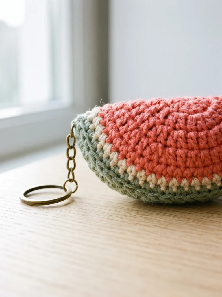coral, cream, and sage crochet watermelon slice keychain with a brass chain on a light wood table