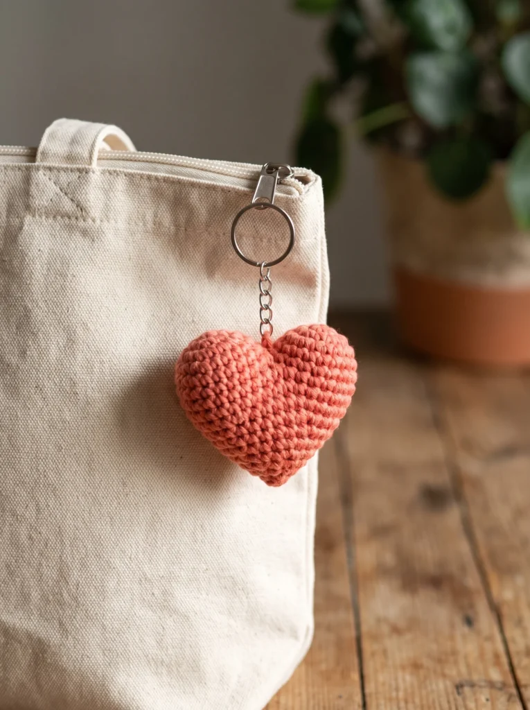 Coral crochet heart keychain clipped to a canvas zipper pouch with a plant in the background