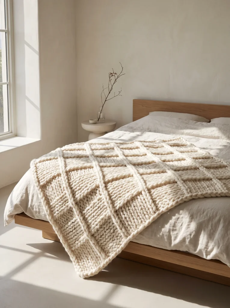 thick ivory crochet blanket with a raised grid of ridges on a linen bed in a sunlit bedroom