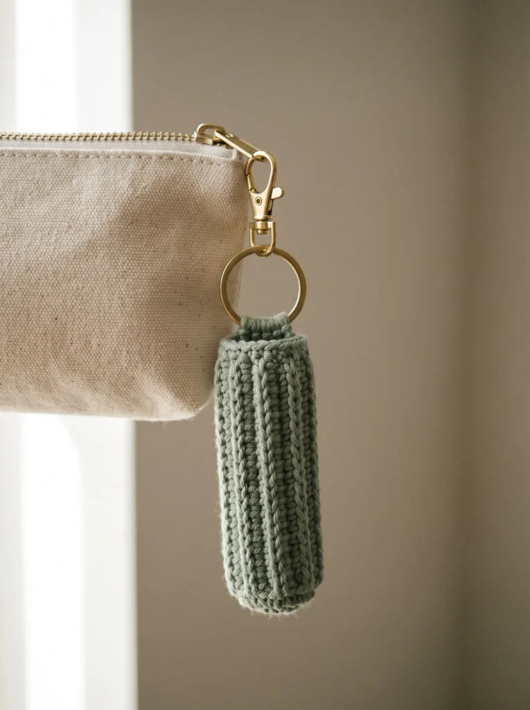 sage green ribbed crochet lip balm holder keychain clipped to a canvas pouch with a gold lobster clasp