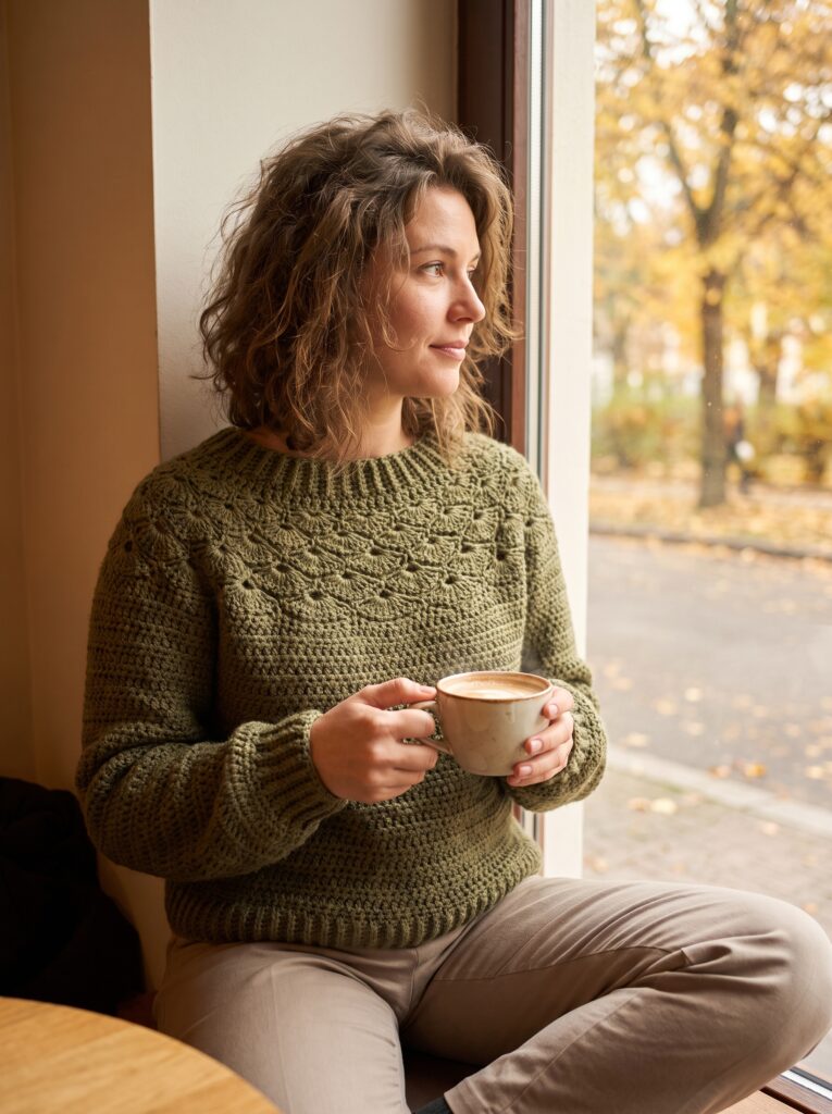woman sitting in a cafe window wearing an olive green crochet sweater with a decorative shell stitch yoke holding a cappuccino