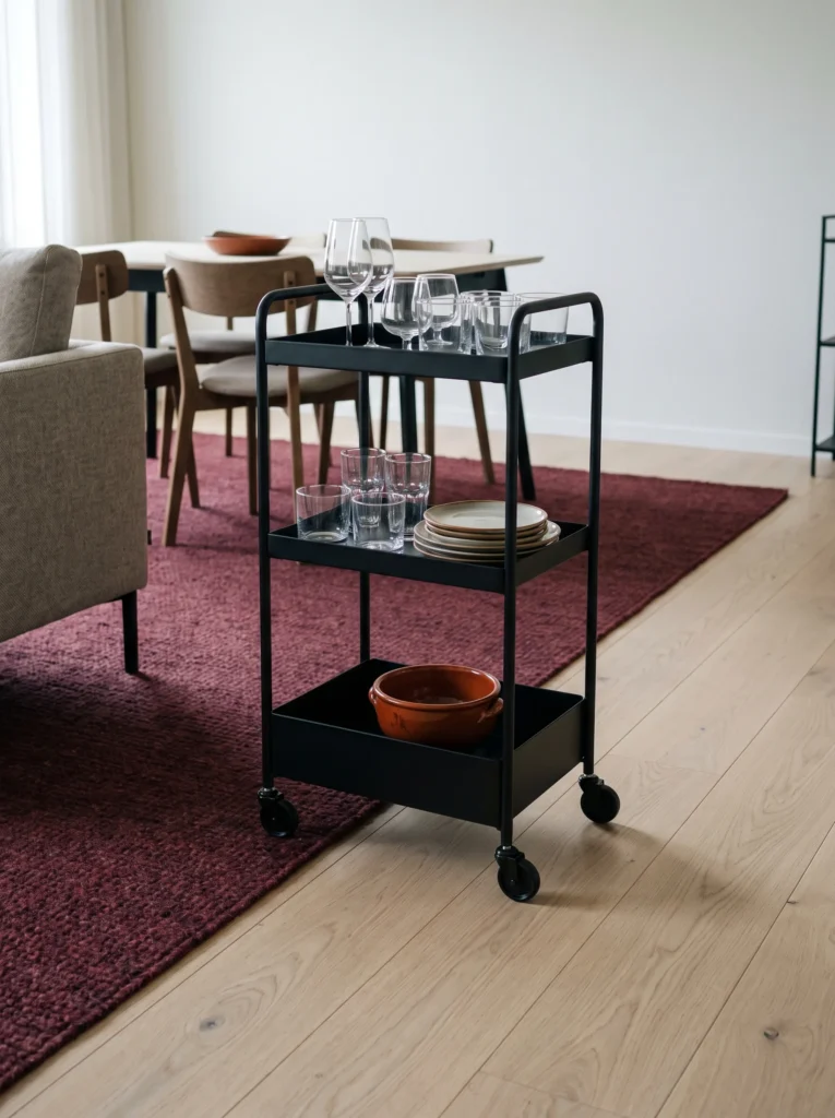 black three tier rolling cart holding wine glasses, tumblers, stacked plates, and a terracotta dish beside a dining table on a burgundy rug