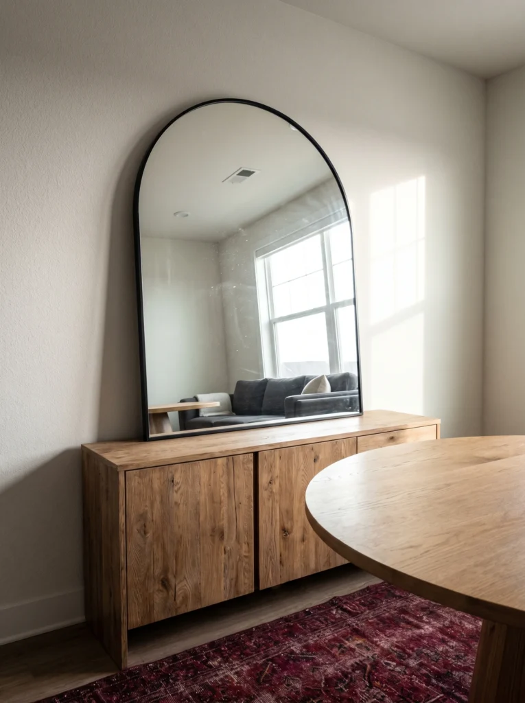large arched black framed mirror sitting on a reclaimed oak sideboard reflecting a grey sofa and window in an apartment dining corner
