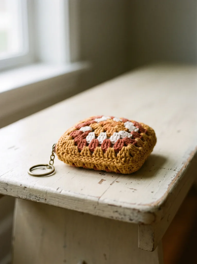 mustard, rust, and white granny square crochet coin pouch keychain with a brass ring on a white painted bench
