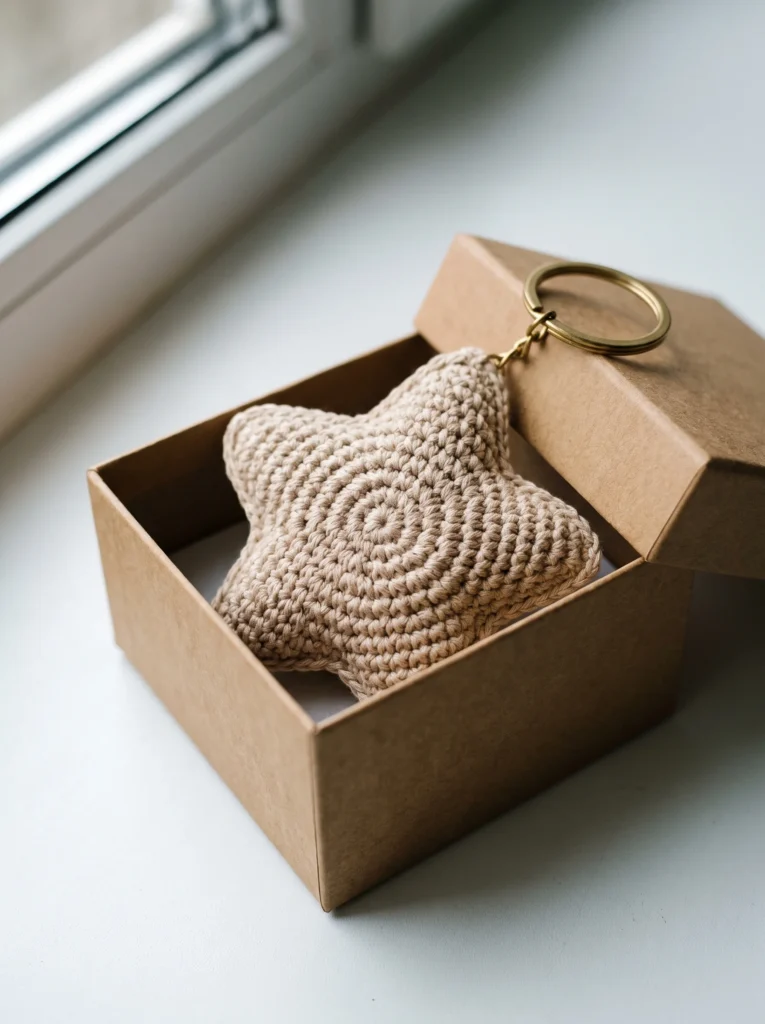 beige crochet star keychain with a brass ring sitting inside an open kraft gift box on a windowsill