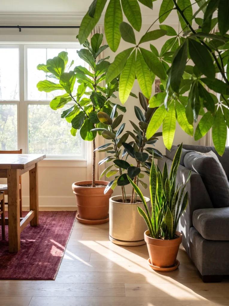 tall fiddle leaf fig, rubber plant, snake plant, and money tree in terracotta pots filling the gap between a dining table and a grey sofa