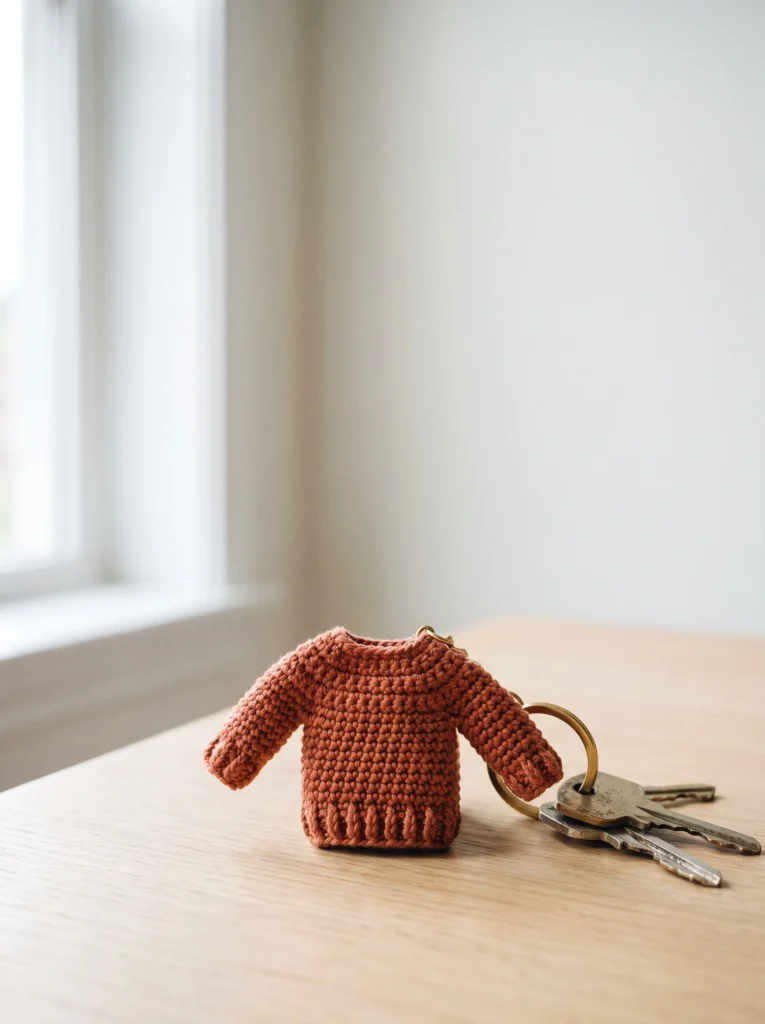 rust orange mini crochet sweater keychain with ribbed hem and cuffs lying next to house keys on a wood table