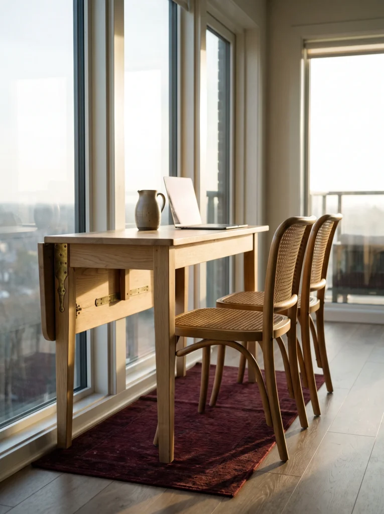 light oak drop leaf table with brass hinges folded against floor to ceiling windows with two bentwood cane chairs on a dark red rug