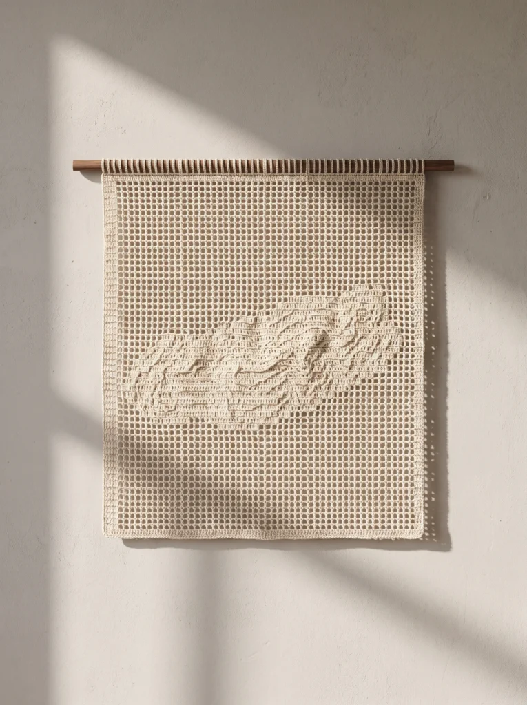 cream crochet wall hanging on a walnut dowel with a raised topographic ridge design against a plaster wall
