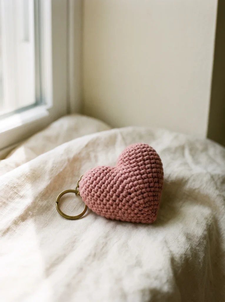 dusty pink crochet heart keychain with a brass ring resting on rumpled cream linen fabric