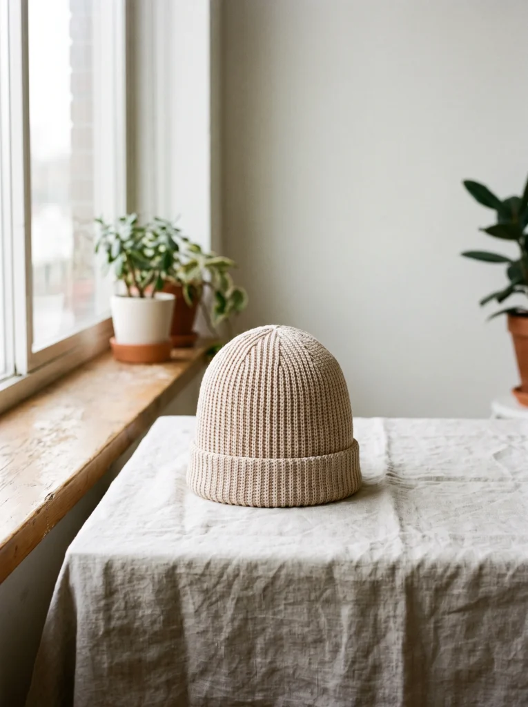 Rust colored cable stitch crochet headband hanging on a wooden wall peg