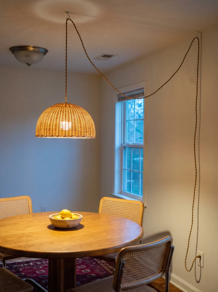 woven rattan dome pendant light hanging on a swag cord over a round oak dining table with cane chairs and a bowl of lemons