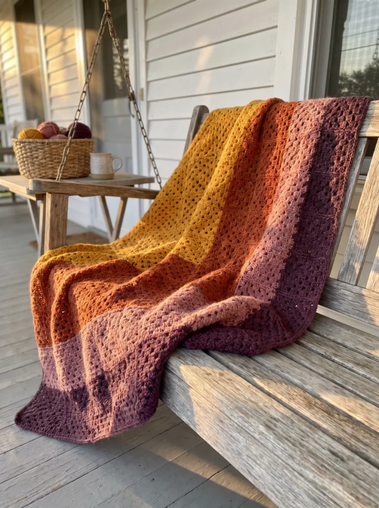 large granny square crochet blanket in mustard, rust, dusty pink and plum draped across a weathered porch swing