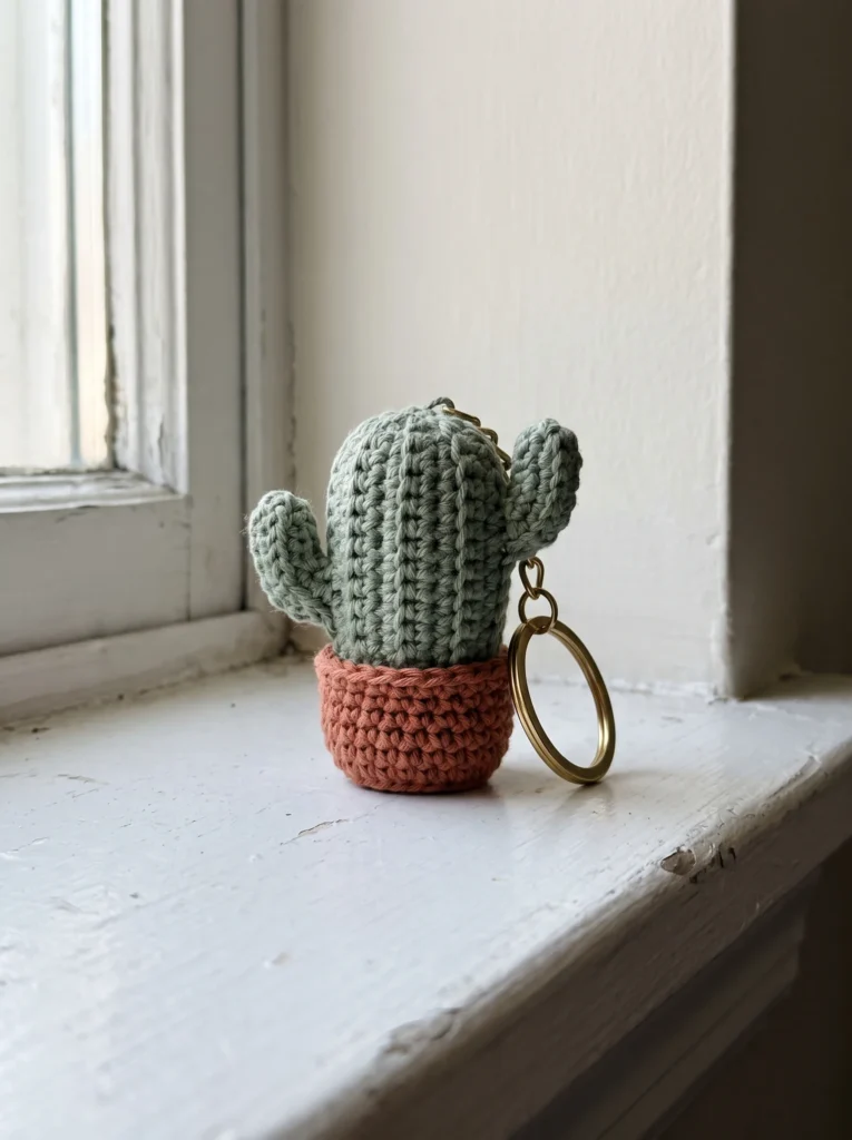 sage green crochet cactus keychain in a terracotta pot with a gold key ring on a white painted windowsill