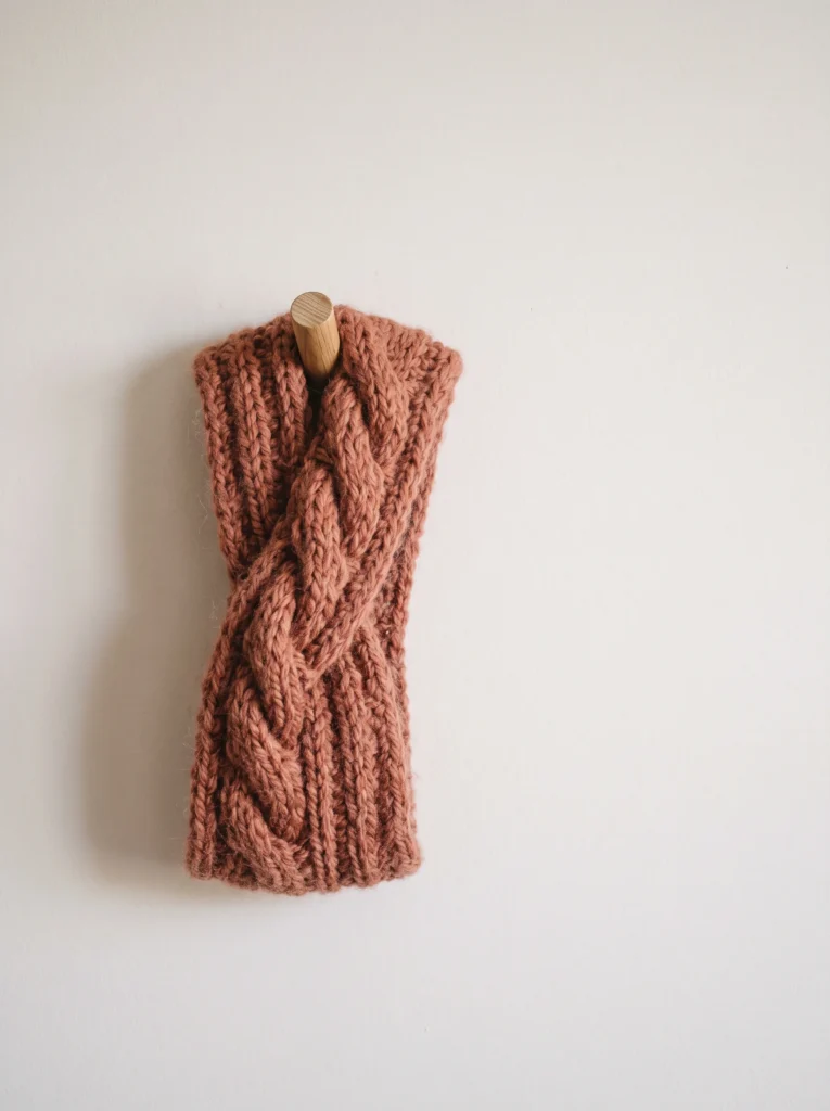 Cream ribbed crochet beanie sitting on a linen cloth near a window with potted plants