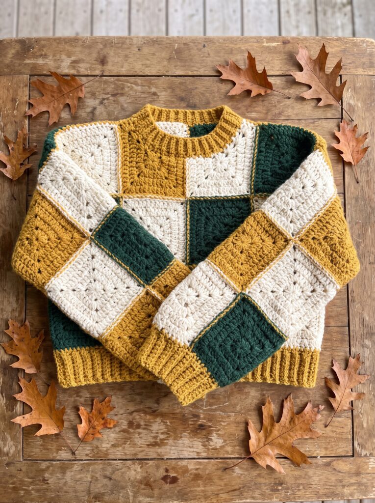 folded granny square crochet sweater in mustard cream and forest green on a weathered wooden table with oak leaves