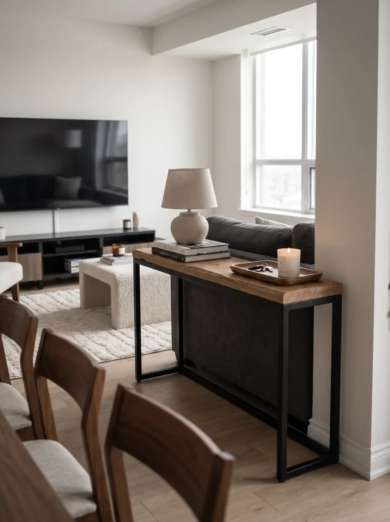 narrow wood and black metal console table behind a grey sofa holding a ceramic lamp, books, a tray with keys, and a lit candle