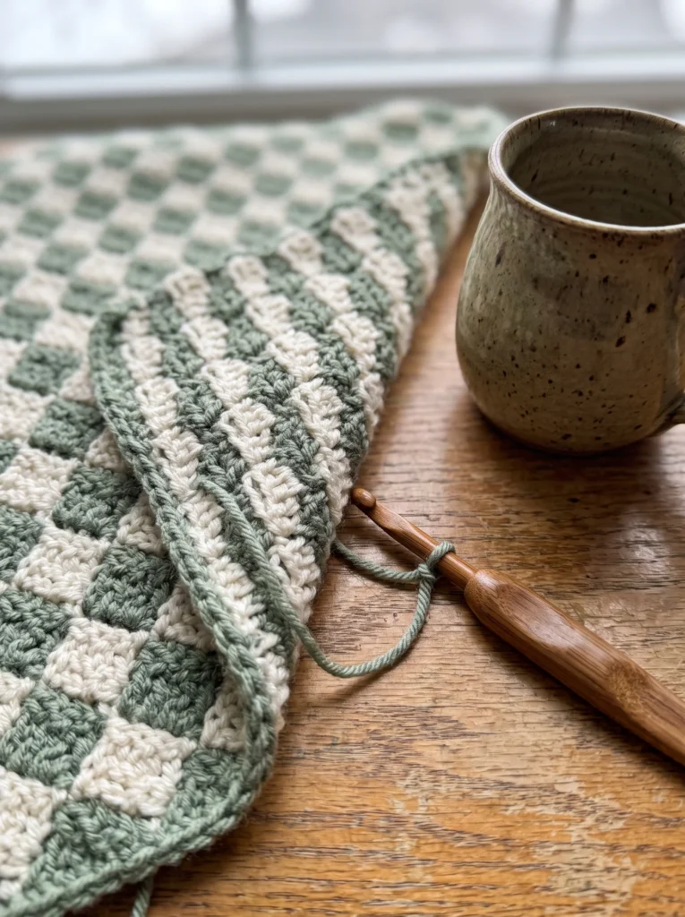 sage green and cream checkerboard crochet blanket folded on a wooden table beside a speckled mug and bamboo hook