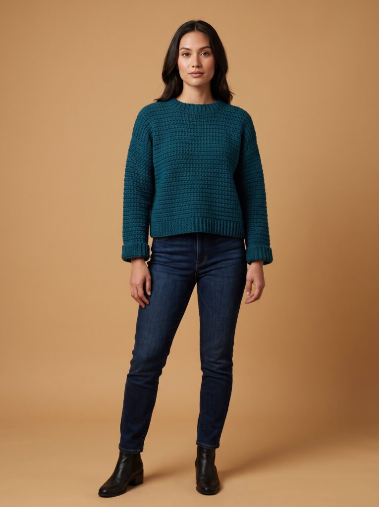 woman standing against a tan studio backdrop wearing a teal textured crochet sweater with dark jeans and black ankle boots
