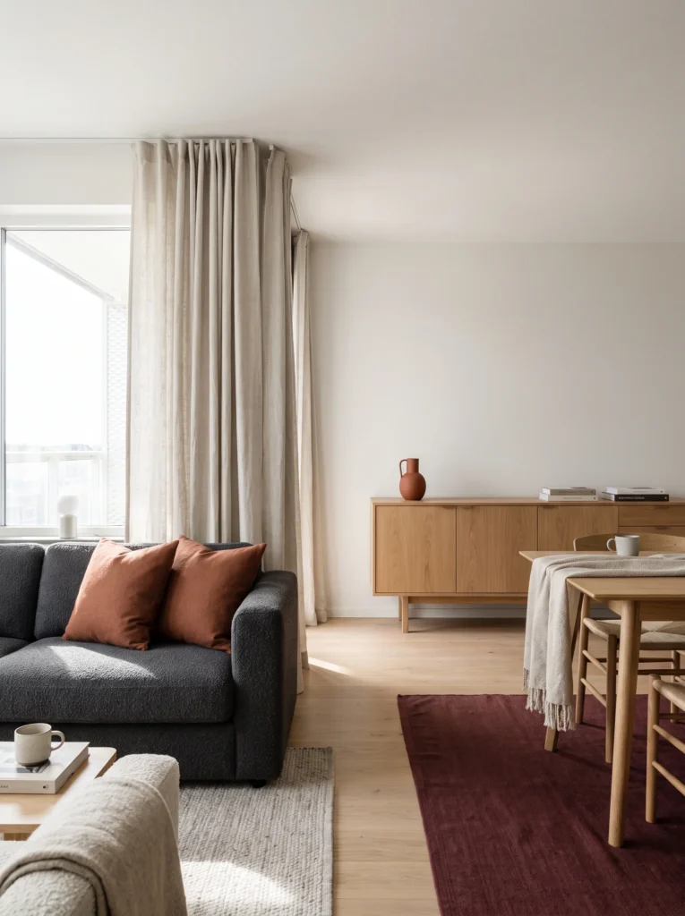 open plan apartment with a grey boucle sofa on a pale rug and an oak dining table on a deep burgundy rug near a light oak sideboard