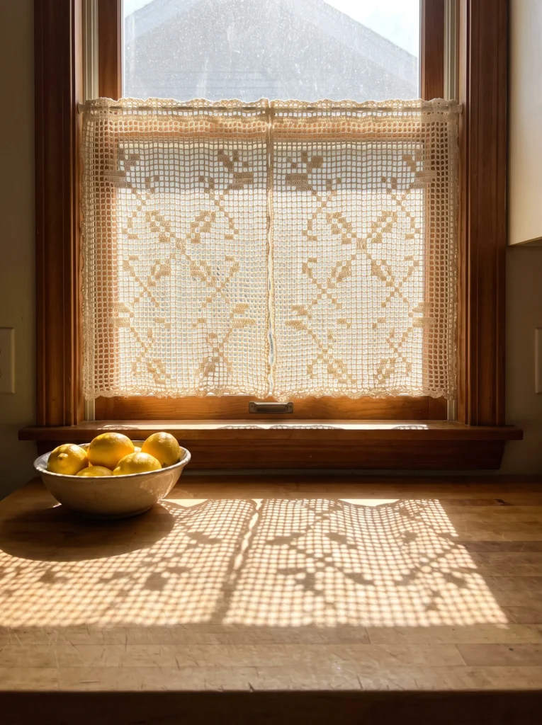  filet crochet cafe curtain in ecru cotton thread hanging in a wooden kitchen window with a bowl of lemons below