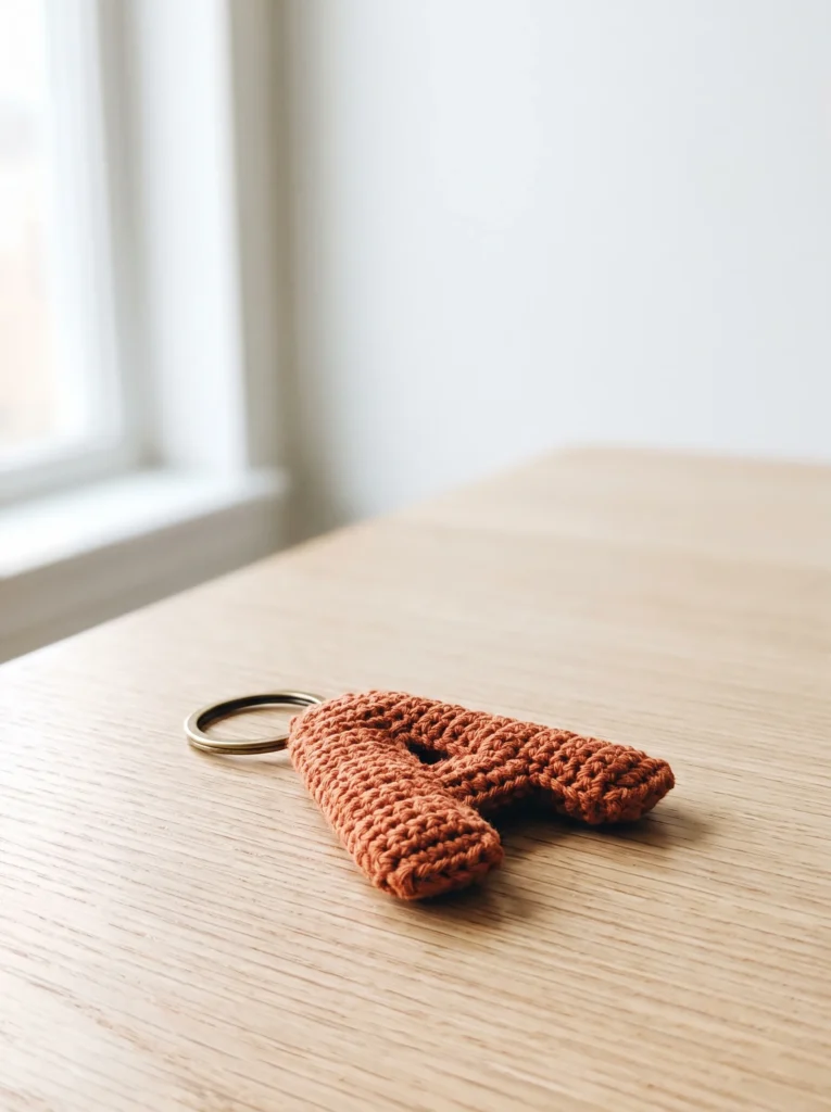 rust orange crochet letter A keychain with a brass ring resting on a pale oak tabletop