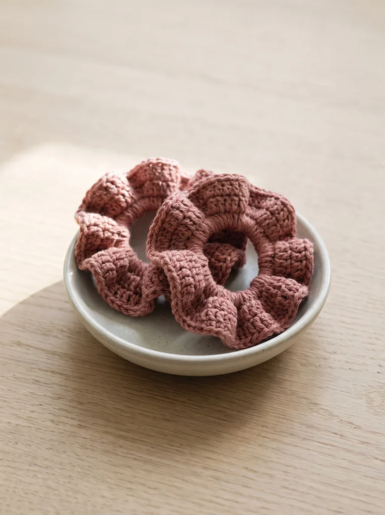 Two dusty rose crochet scrunchies sitting in a small ceramic bowl on a wood table