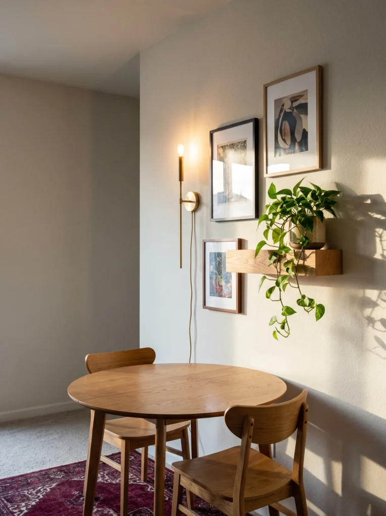 small round wood table with two chairs in a corner beside a gallery wall, brass plug-in sconce, and a pothos on a floating oak shelf