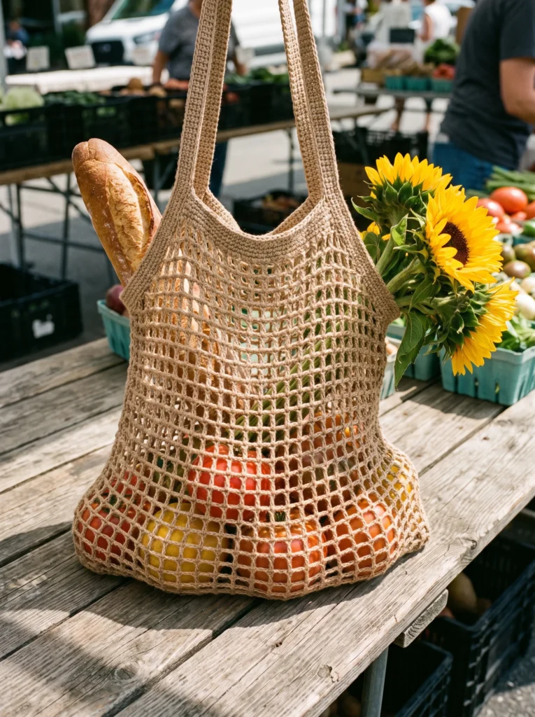 tan crochet mesh market bag holding tomatoes and a baguette on a farmers market table