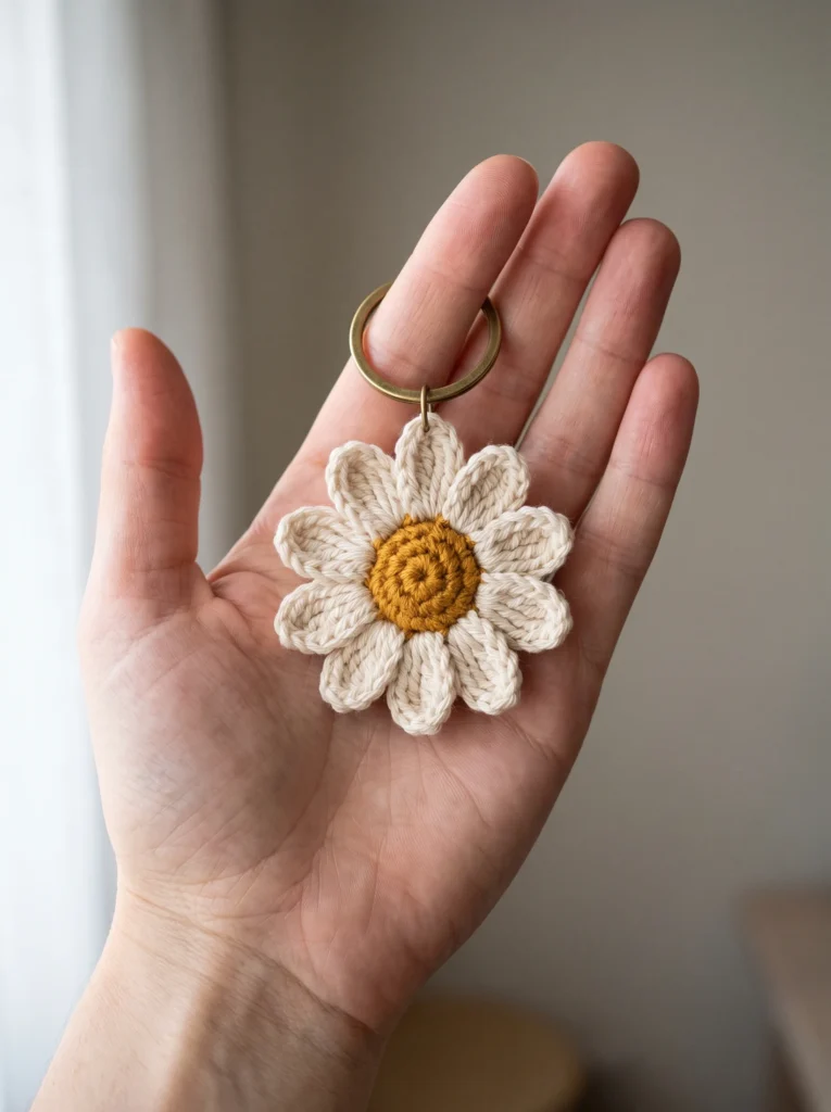 cream crochet daisy keychain with a mustard center held in an open palm