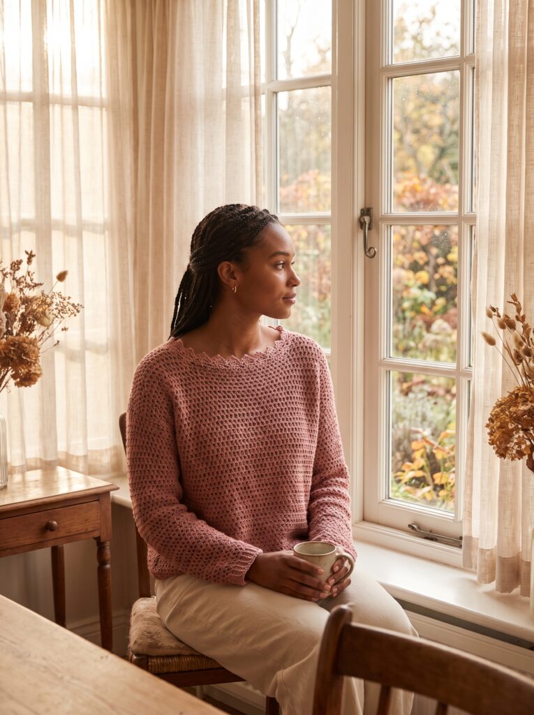 woman in a dusty rose mesh stitch crochet sweater sitting by a cottage window holding a ceramic mug