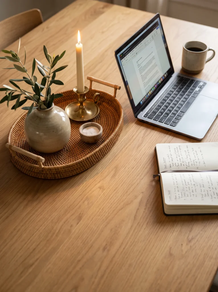 oak table top with a rattan tray holding a candle, olive sprigs in a stone vase, and a small salt bowl beside a laptop and open notebook