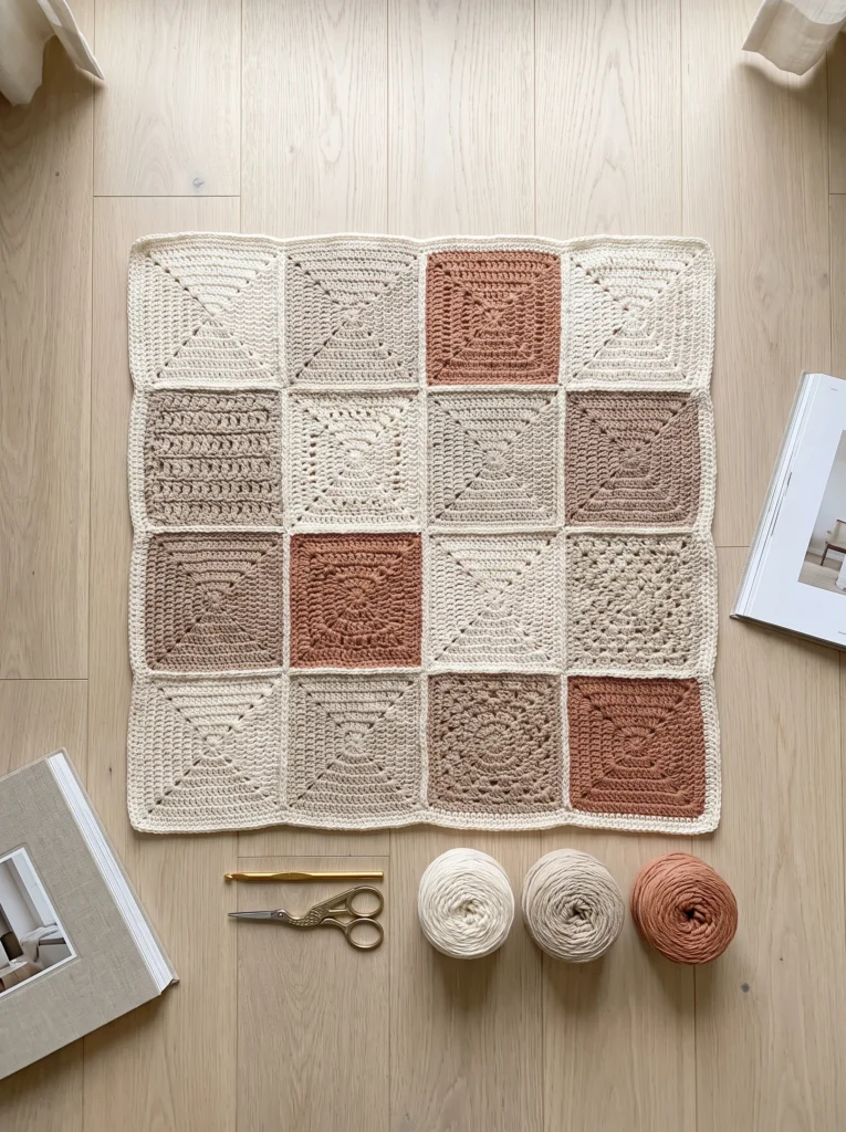 sixteen square crochet baby blanket in cream, beige and terracotta laid flat on light oak flooring with yarn and scissors