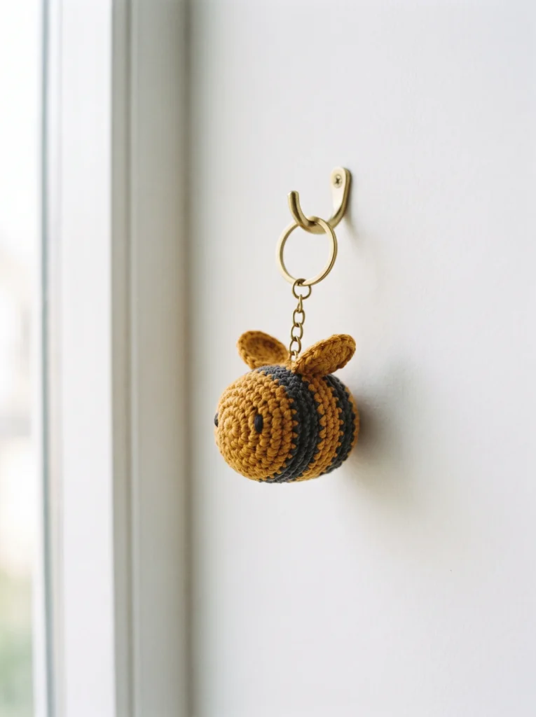 mustard and charcoal crochet bumblebee keychain with wings hanging from a brass chain on a white wall hook