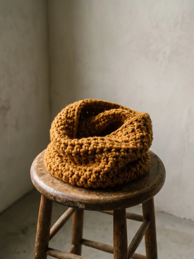 Chunky mustard crochet infinity cowl coiled on a wooden stool